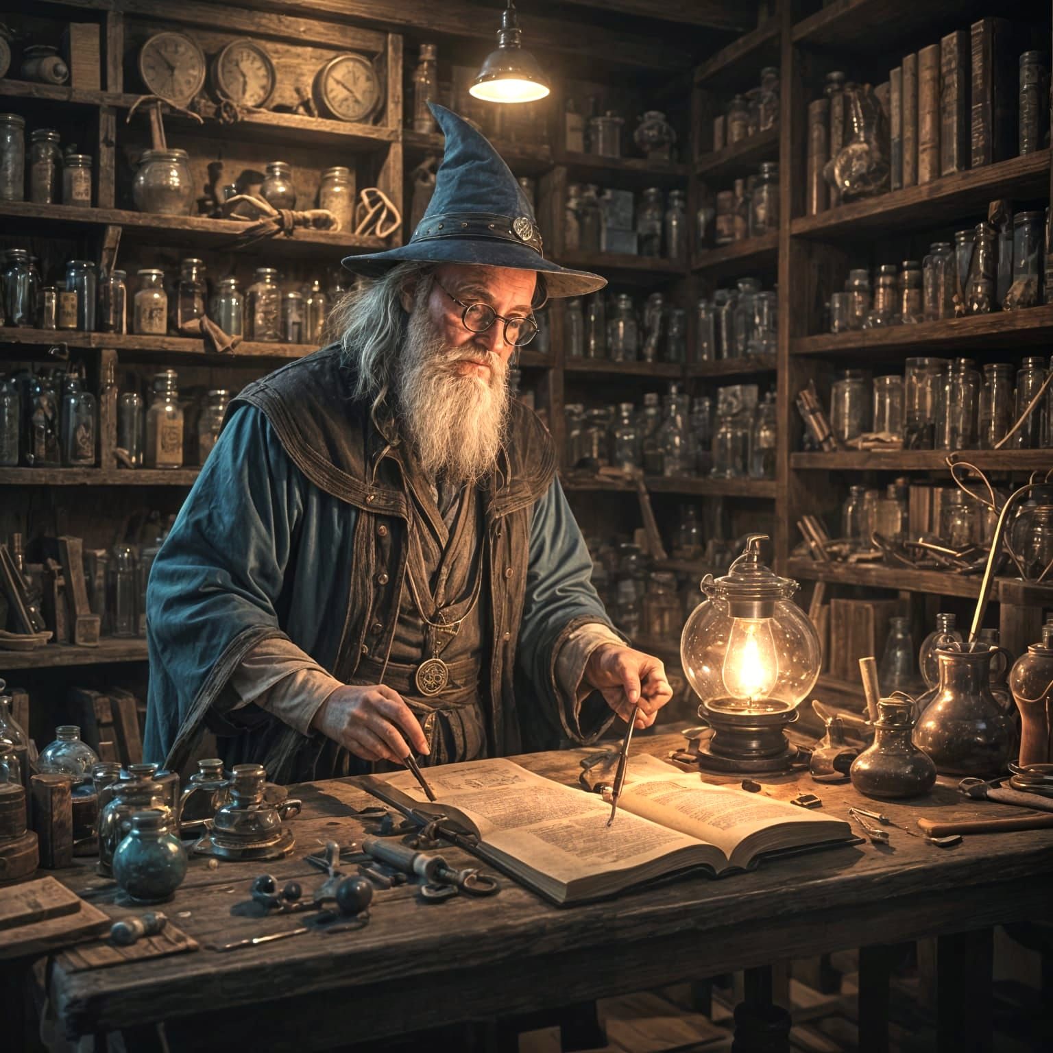 Wizard Confronts Perilous Experiment in Mystical Laboratory