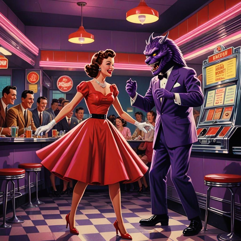 Giant Purple People Eater in 1950s Diner Scene