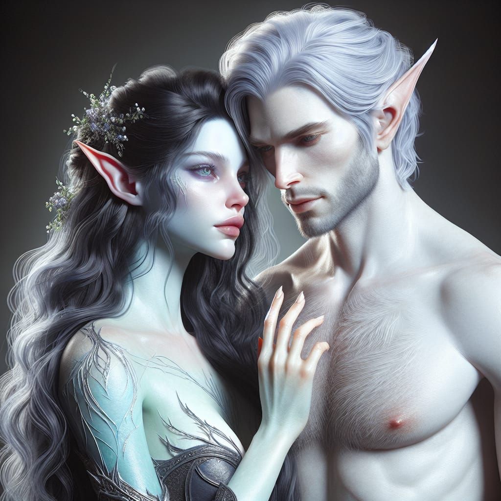 Dryad/elf hybrid leaning against her elven love