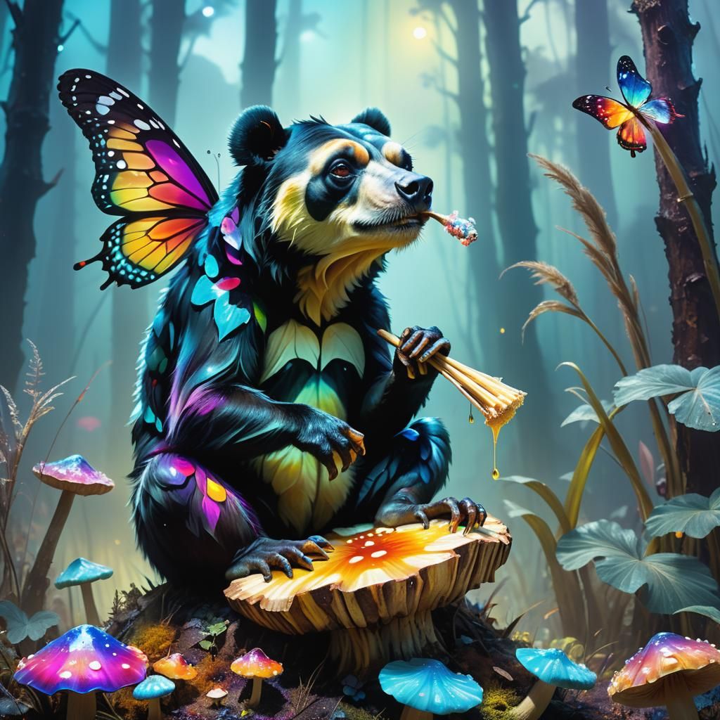 Alien Frog-Bear Feast in Dreamlike Forest