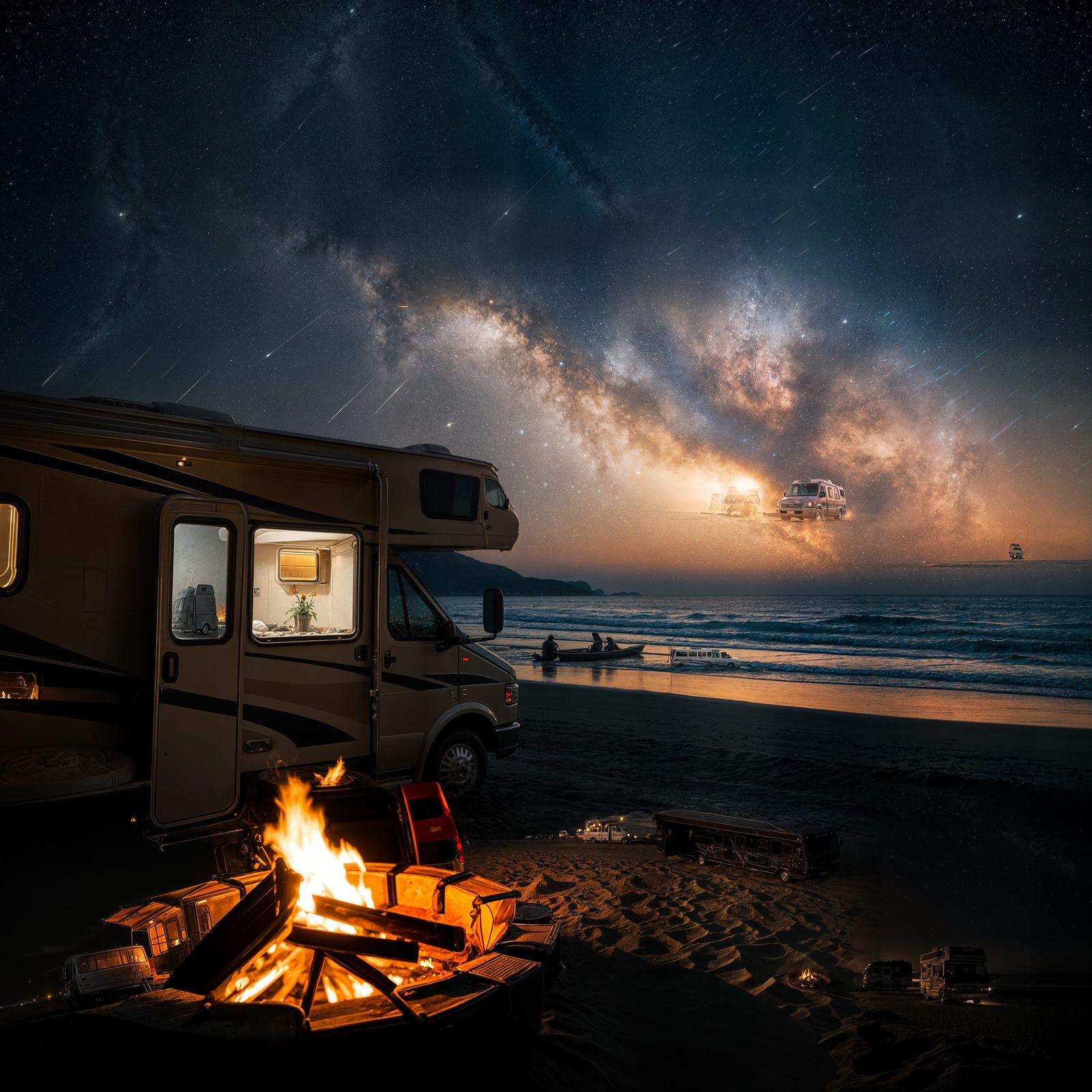 Beach Motorhome Under Galaxy Sky: Hyperrealistic Image