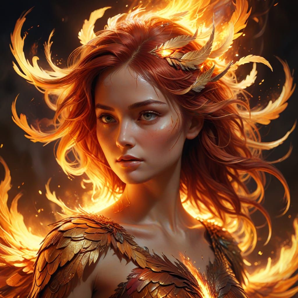 Phoenix Woman Transformation in Oil Painting Style