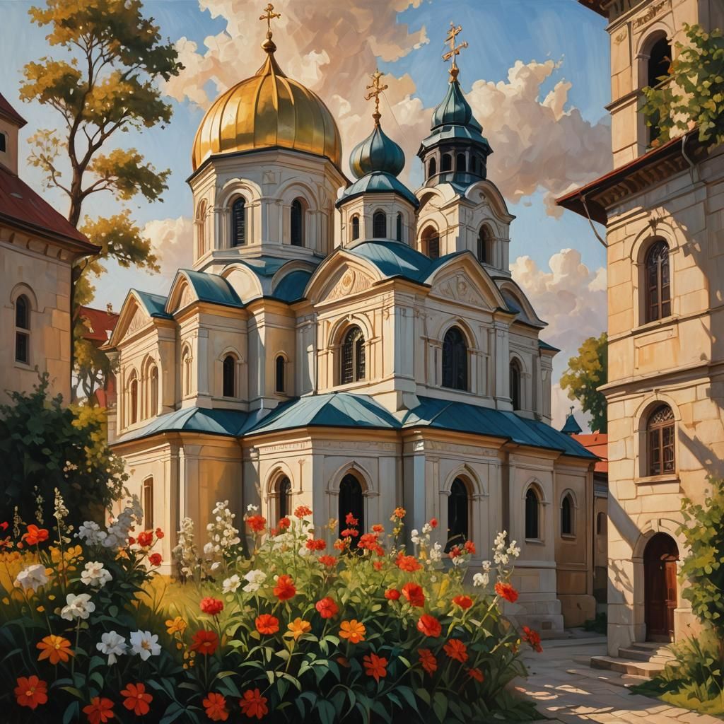 Serbian Orthodox Church Oil Painting in Golden Light