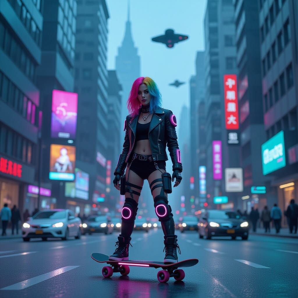 Cyberpunk Skateboarder in a Futuristic Cityscape