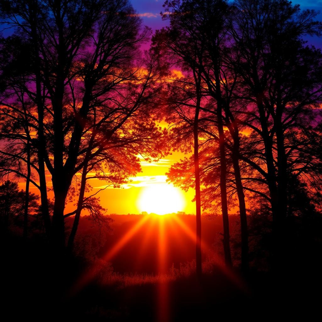 Vibrant Sunset Peeking Through Detailed Silhouetted Trees