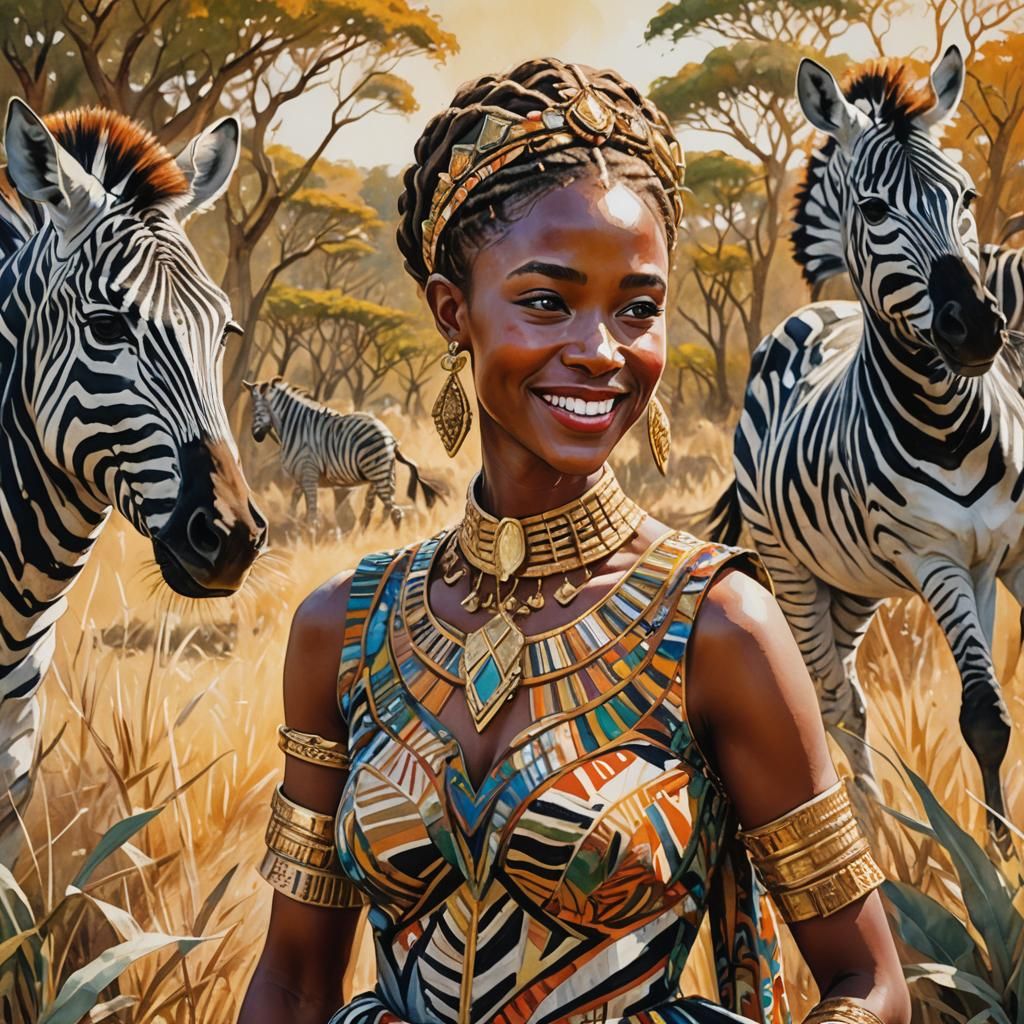 Elven Woman and Zebra in Gouache Watercolor Style