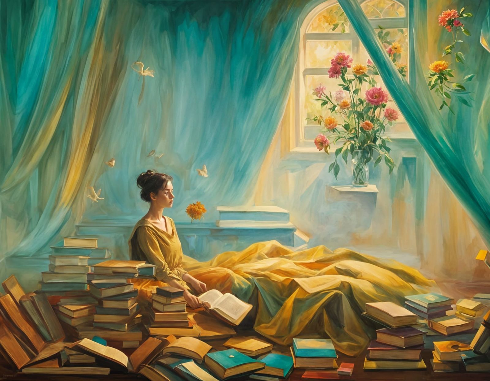 Surreal Library Scene in Oil Painting Style