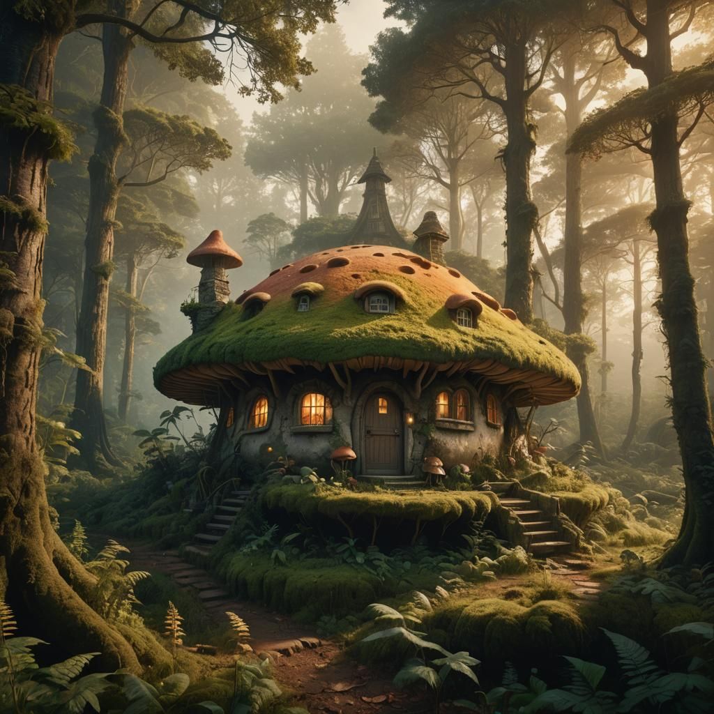Mushroom House in Overgrown Forest: Digital Matte Painting