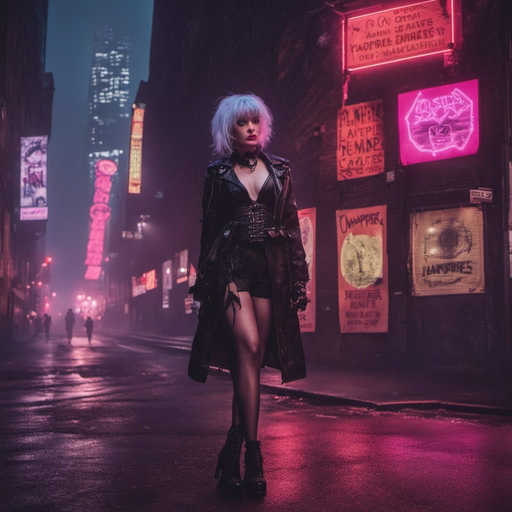 Gothic Woman in Cyberpunk Cityscape at Night