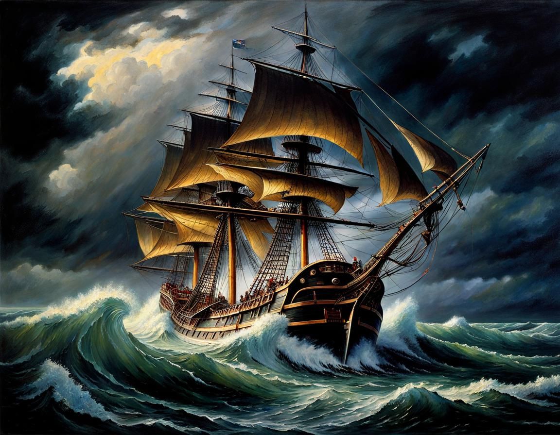 Pirate Ship Rides Tsunami in Perfect Storm: Oil Painting