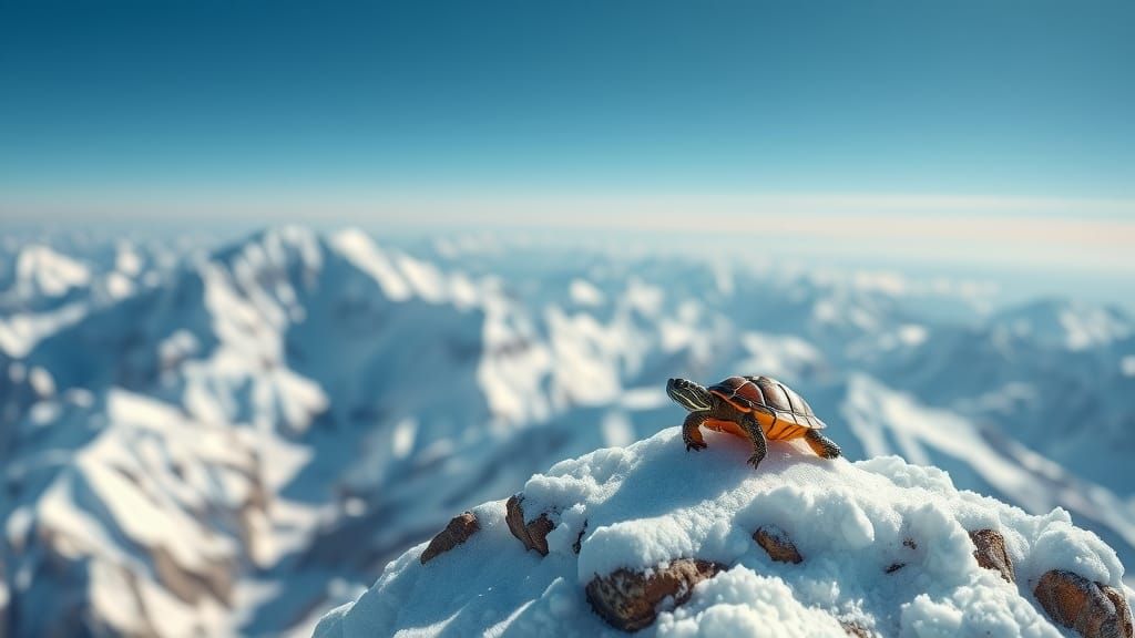 Miniature Turtle Overlooks Snowy Mount Everest