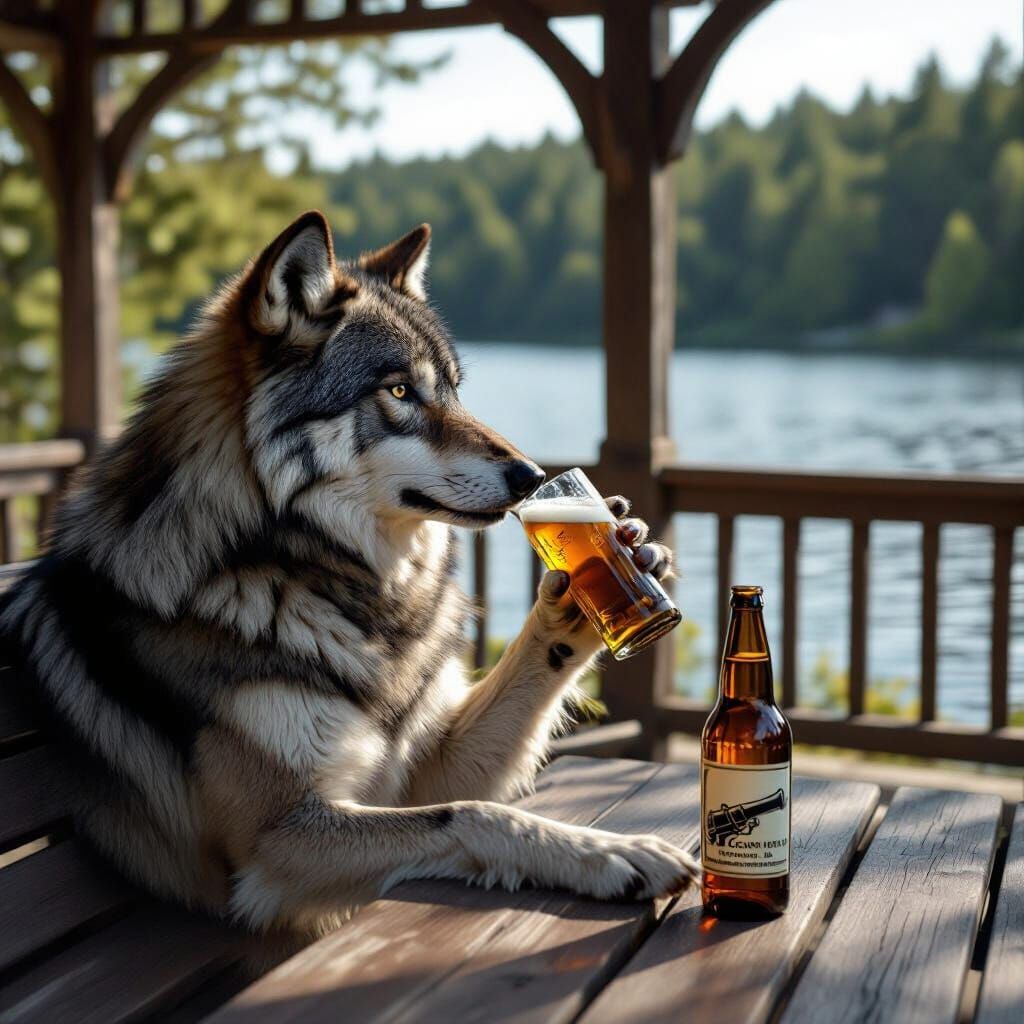 Wolf Alcoholic Drinks Beer by Lake in Gazebo