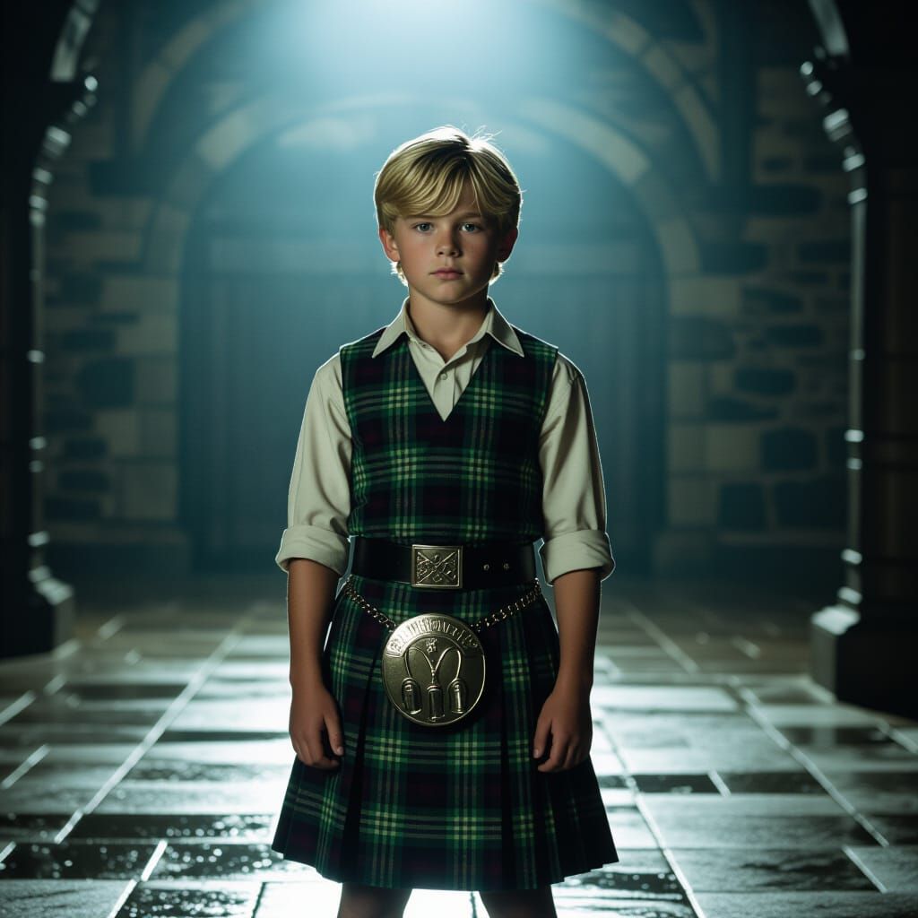 Heroic Teenage Boy in Kilt, Cinematic Lighting