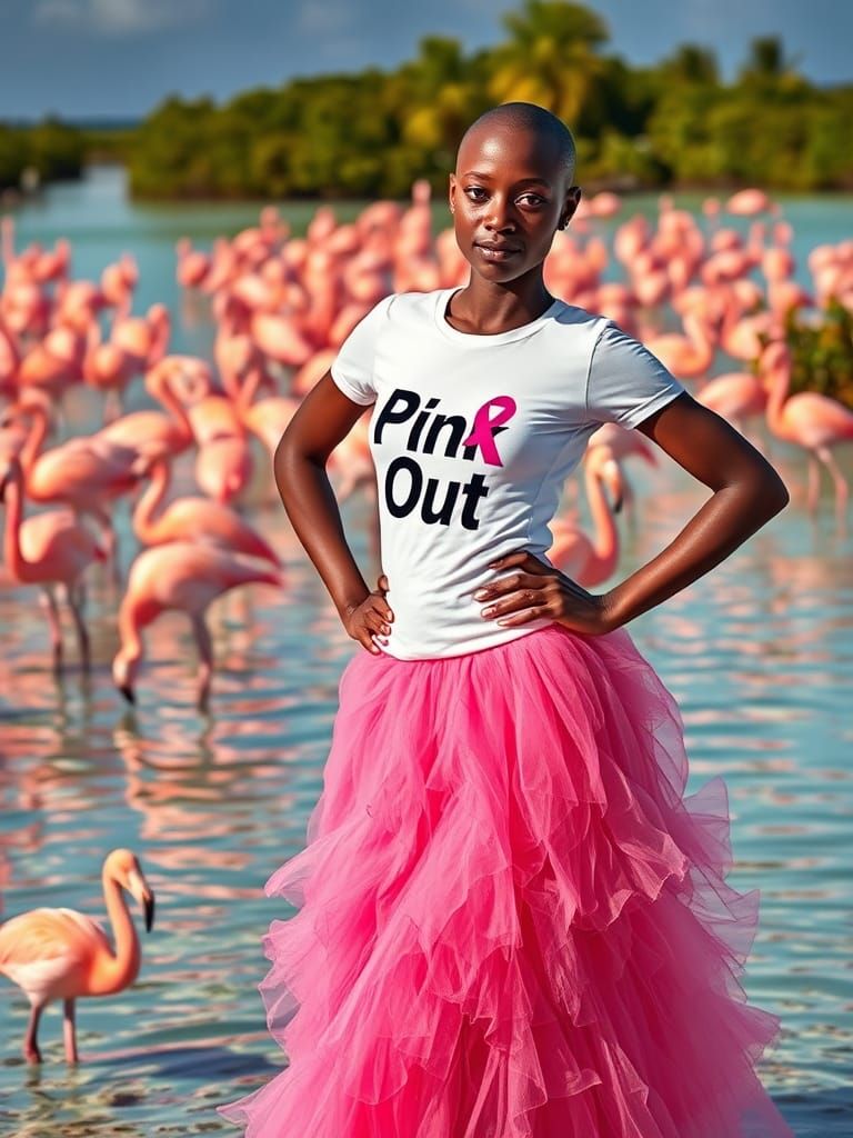 Bald Woman in Pink Skirt with Flamingos