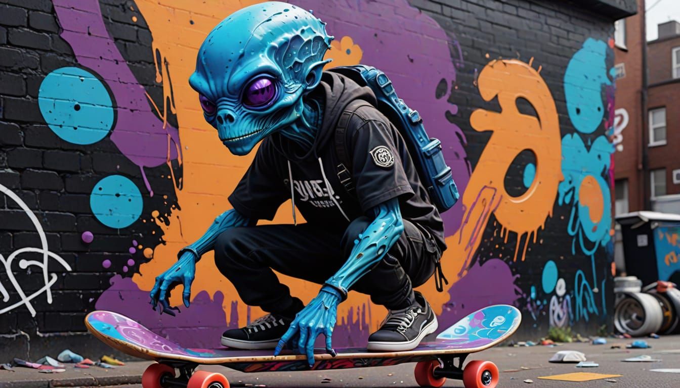 Glowing, Super Scaly Alien Skates Graffiti Half Pipe