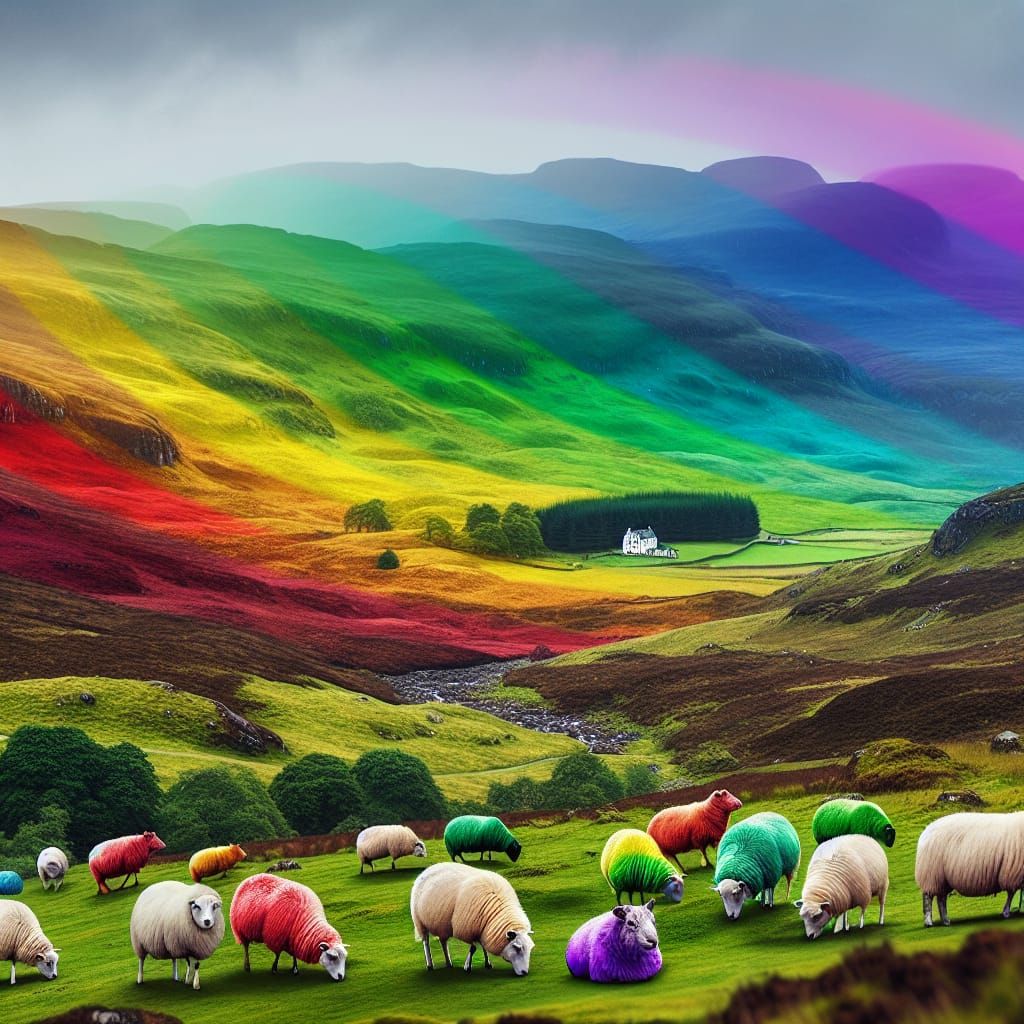Rainbow Sheep Grazing in Scottish Highlands