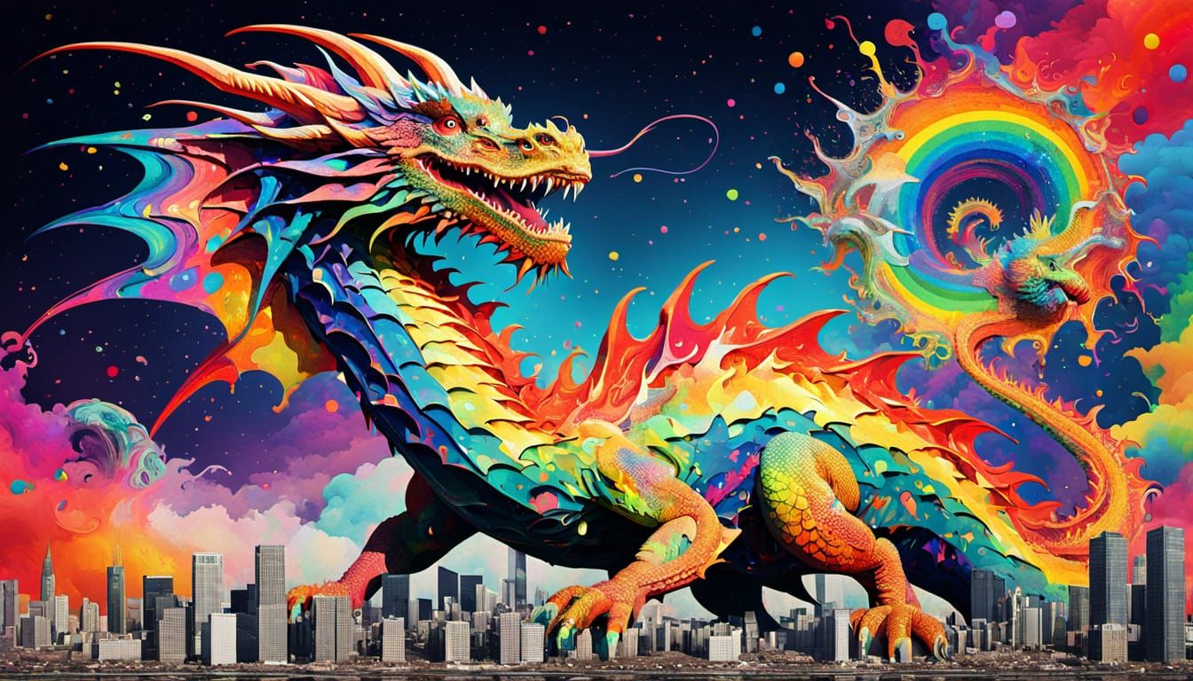 Vibrant Psychedelic Dragon Unfolds Over Alien Cityscape
