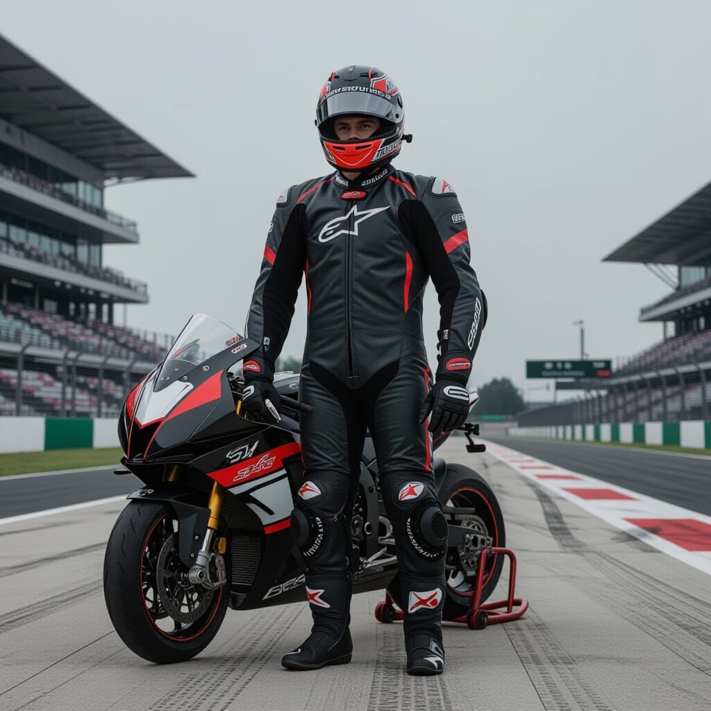 Motorcycle Racer in Alpinestars Leathers on Pit Lane
