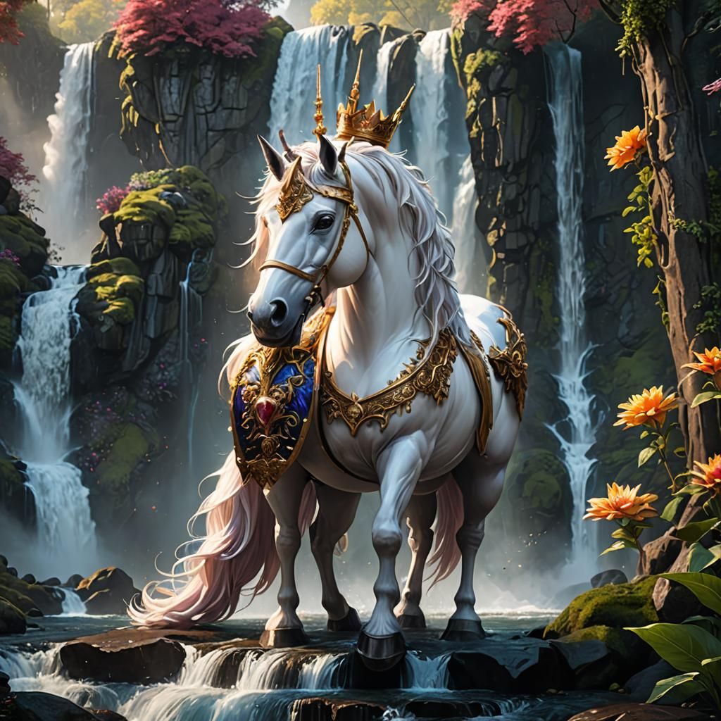 Royal Unicorn in a Serene Waterfall Scene
