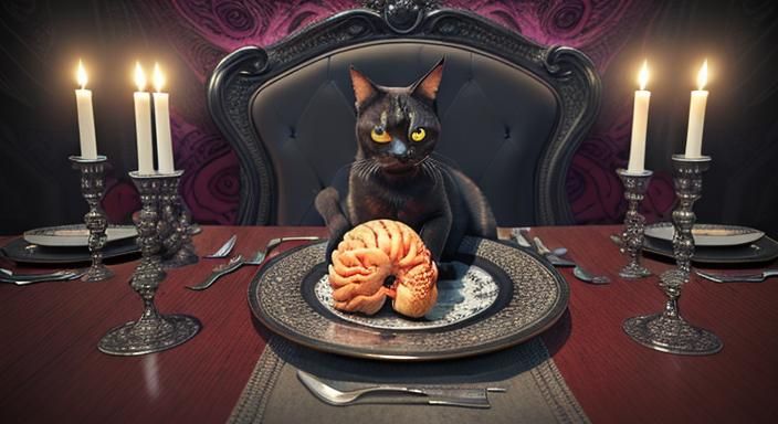a cat eating a human brain on a fancy dinner table set with fine cutlery crockery and candles, watercolour in the style ...