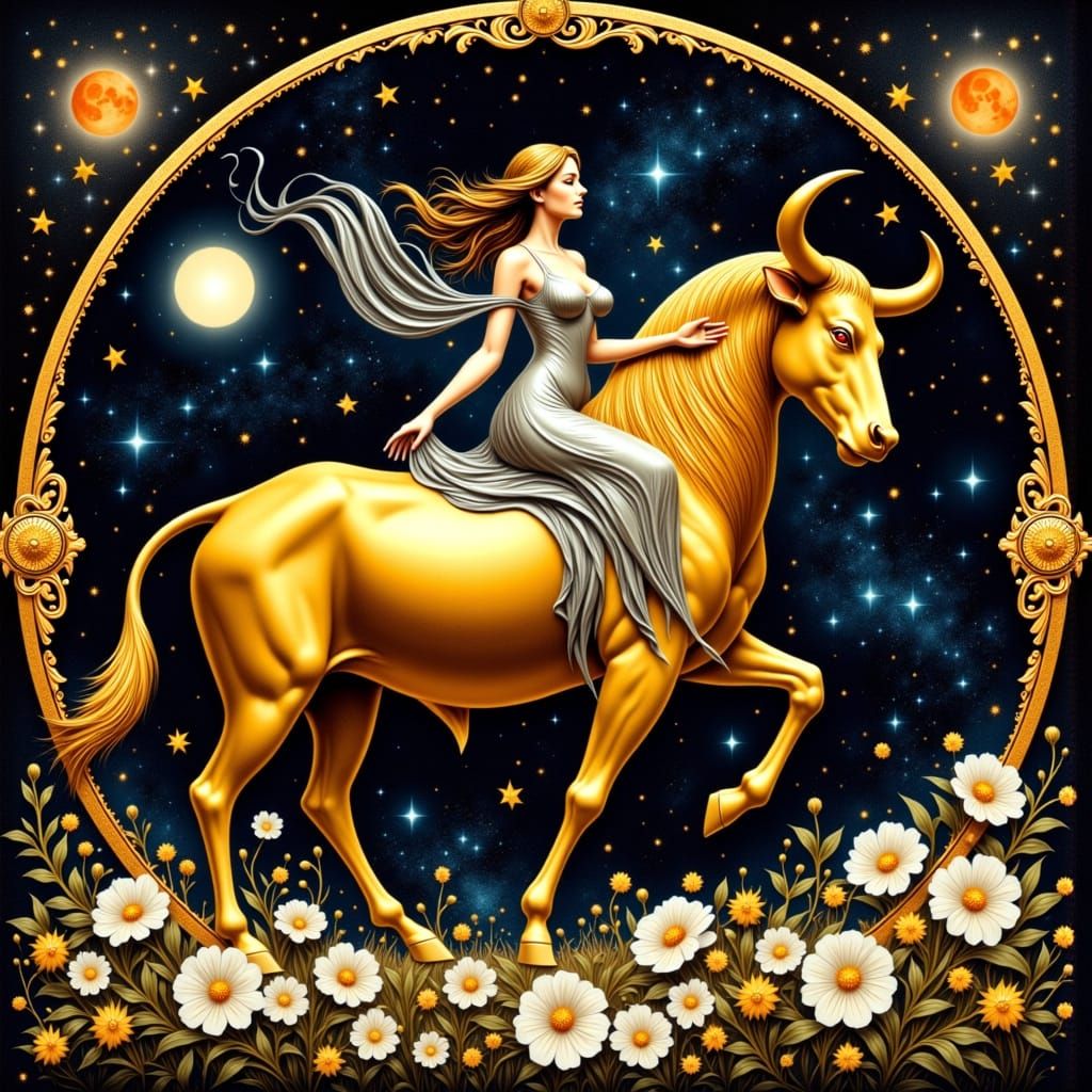 Ethereal Taurus Goddess Rides the Zodiac