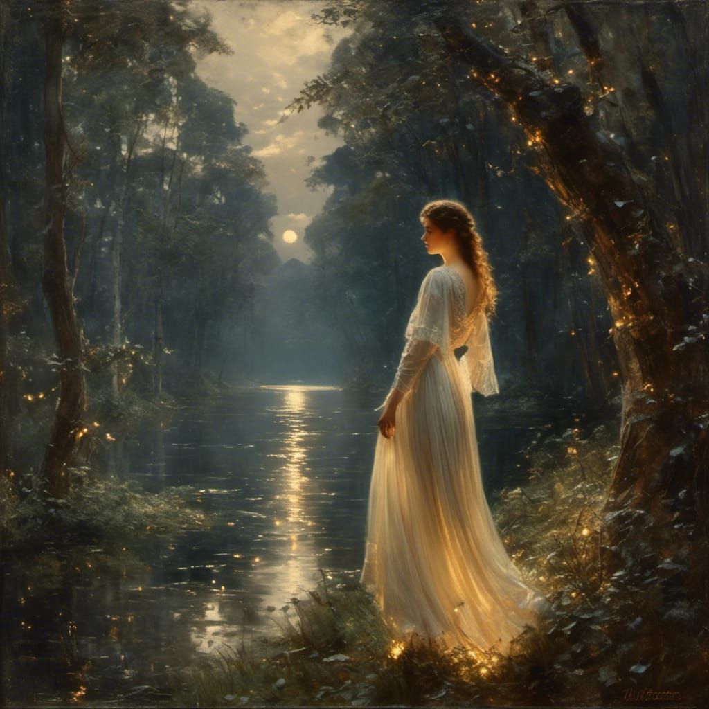 Romantic Moonlit Forest with Woman in Gown