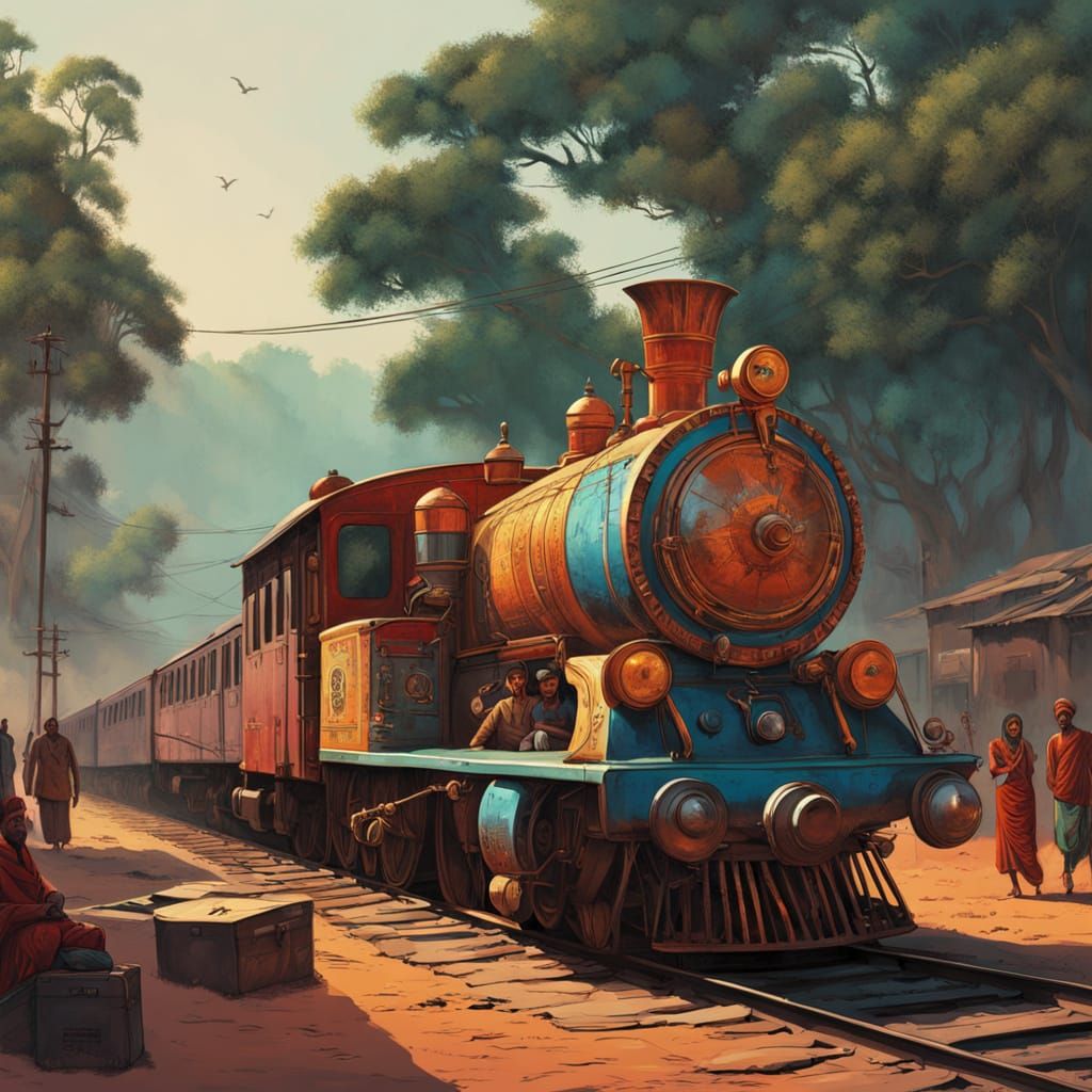 Vibrant Indian Steam Train in Whimsical Digital Art