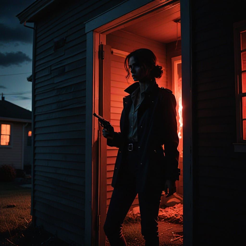 Gritty Film Noir Woman with Revolver in Dimly Lit Doorway