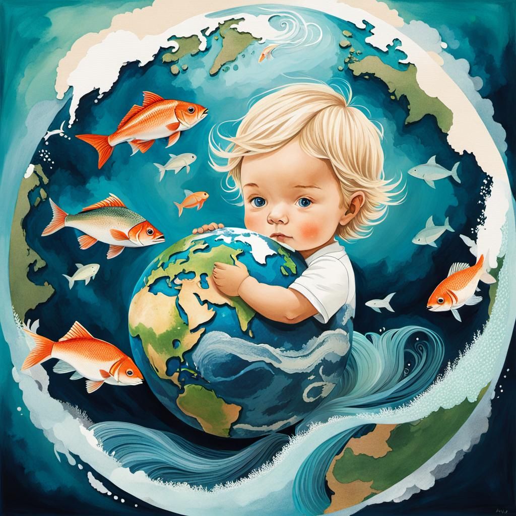 Child Holds Earth with Ocean Life, Double Exposure