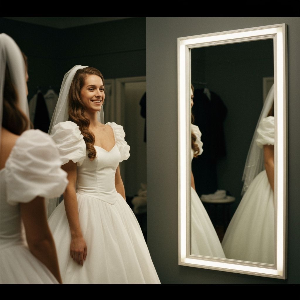 Crossdressing Young Man Views Himself in Bridal Gown