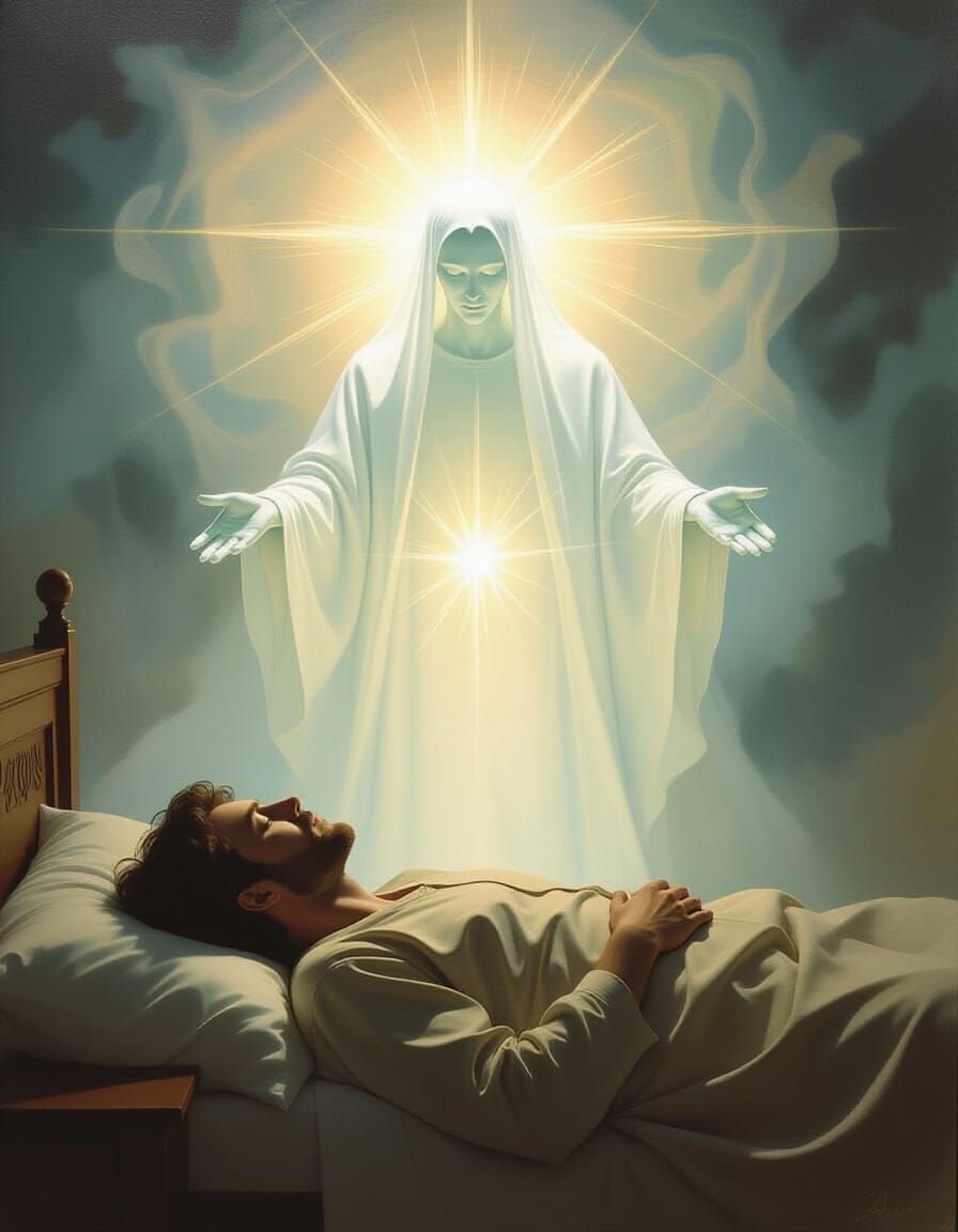 Ethereal Holy Ghost Watches Over Sleeper in Surrealist Style