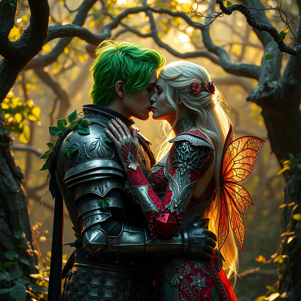 Knight and Fairy's Kiss in Overgrown Forest