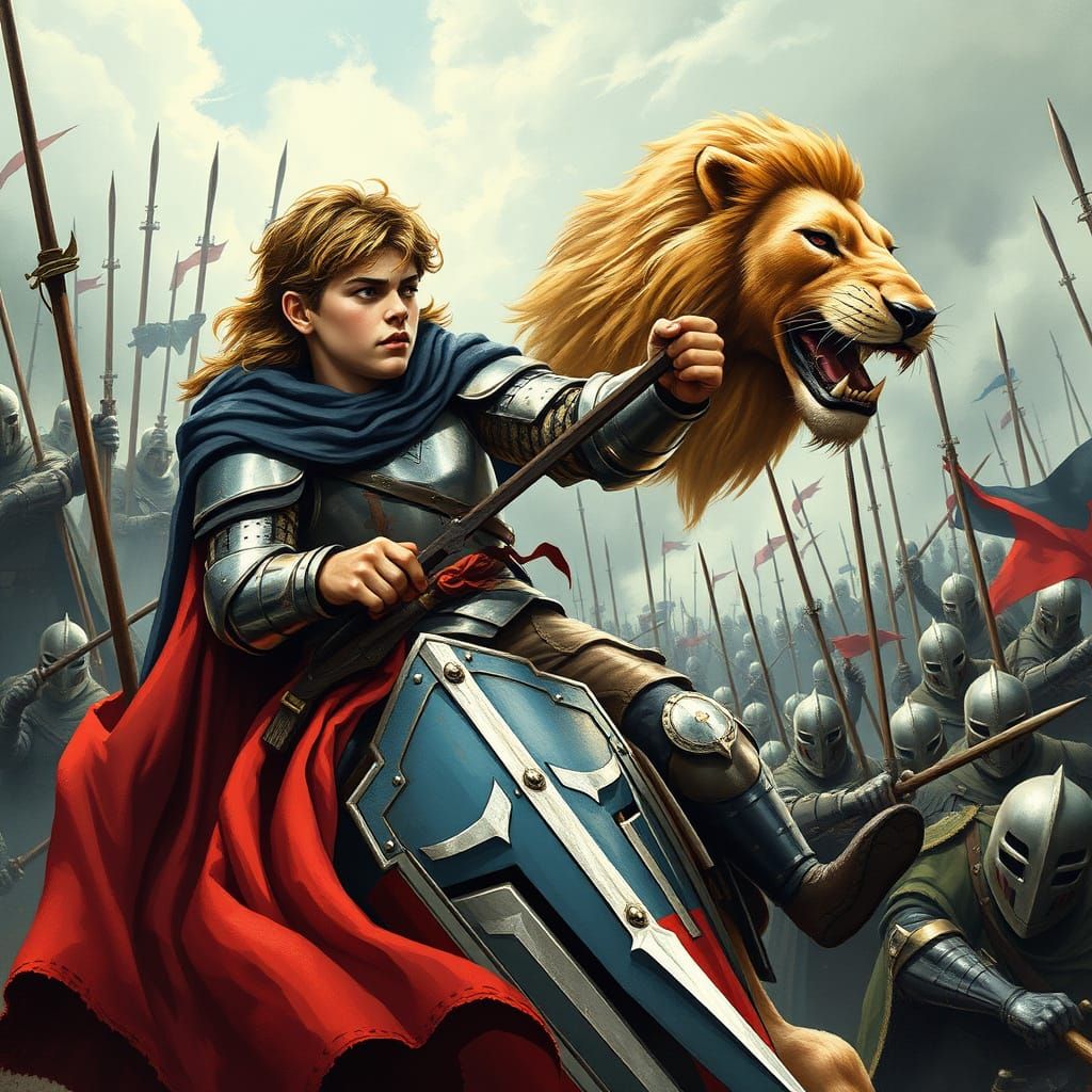 Knight Rides Lion into Battle
