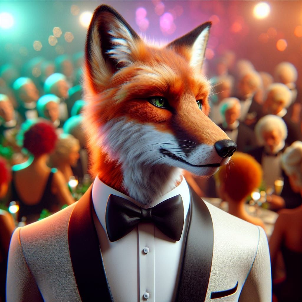 Fox in Tuxedo at Dinner Party: Hyperrealistic Concept Art