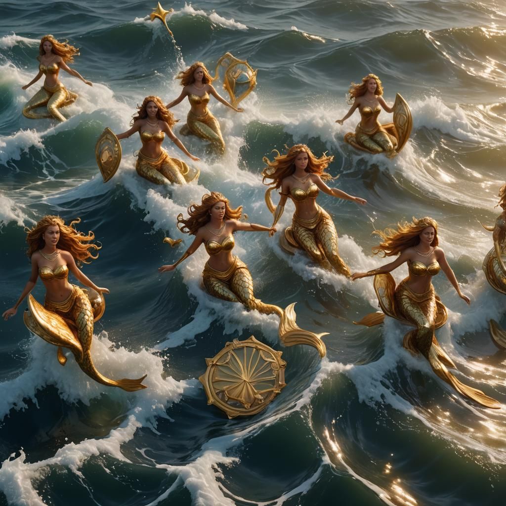Golden Mermaids Ride Ocean Waves in Fantasy Art