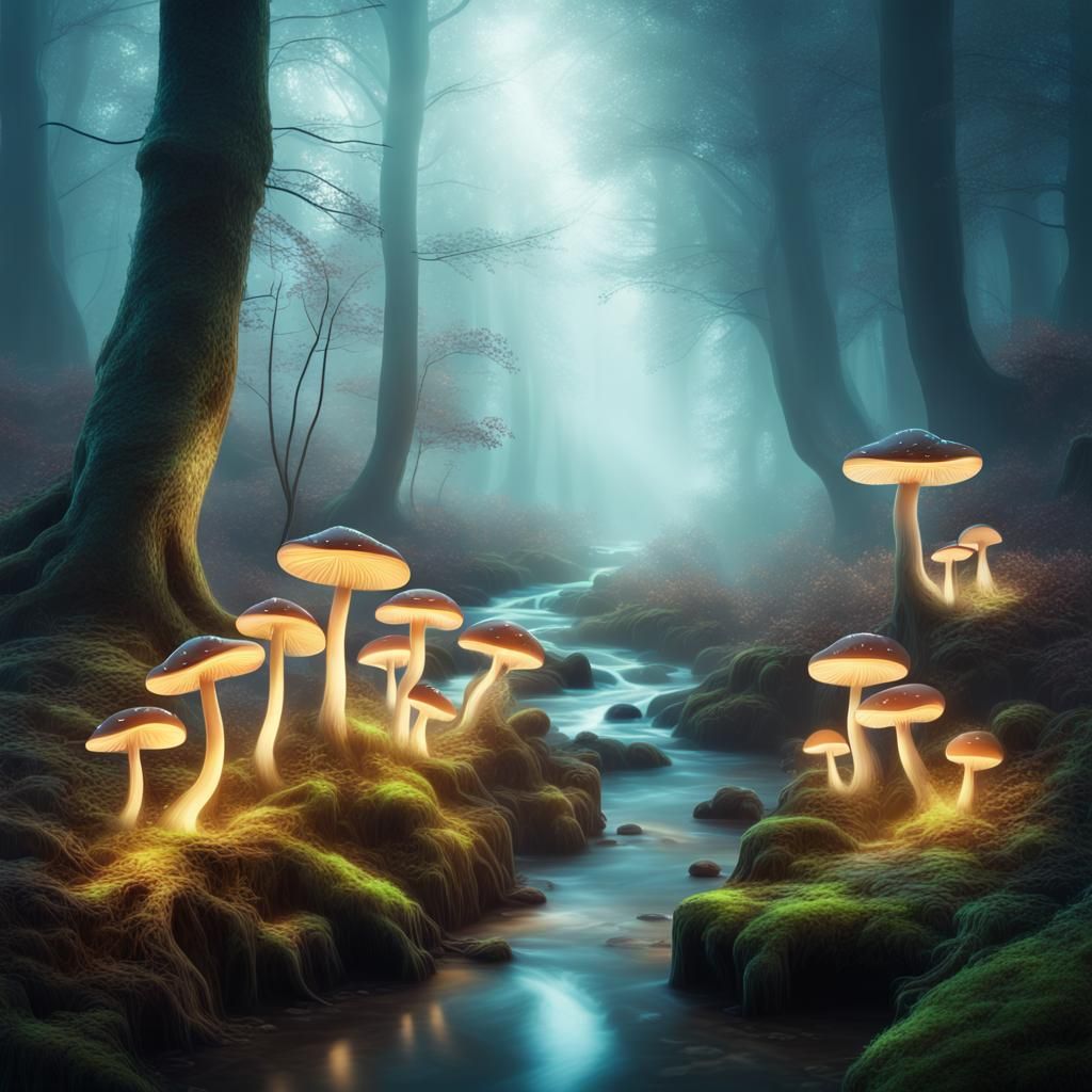 Ethereal Forest with Glowing Mushrooms in Mist
