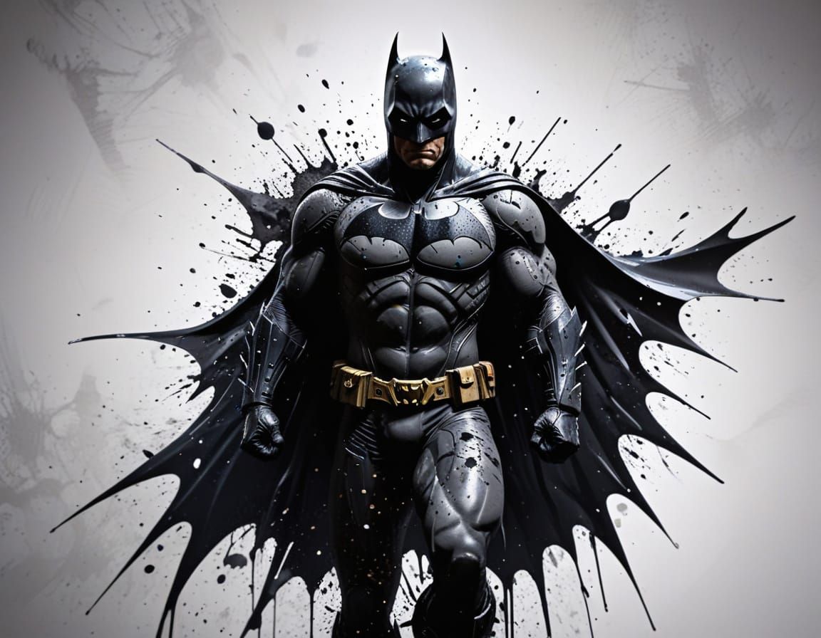Batman Exiting Shadows in Ink Splatter Style