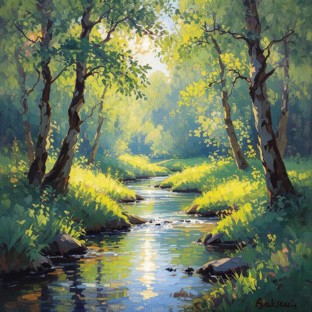 Impressionistic Forest Clearing with Sun-Dappled Stream