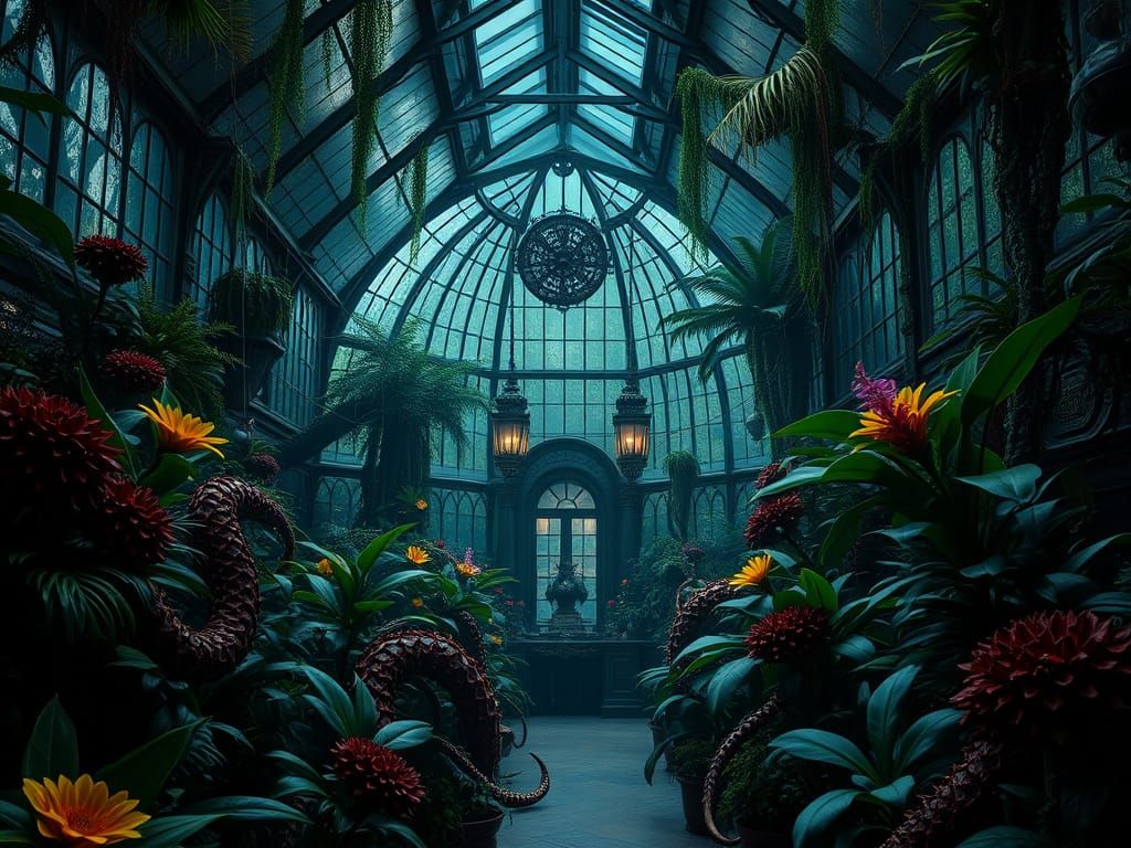Victorian Greenhouse at Night: Dark Fantasy Horror