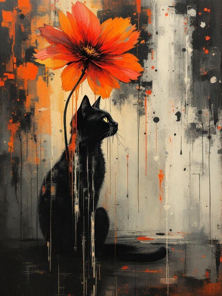 Cat and Flower: Abstract Expressionist Oil Painting
