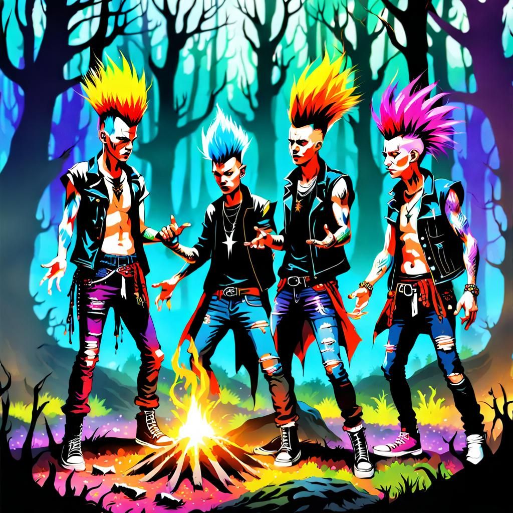 Punk Sorcerers Conducting Ritual in Enchanted Grove