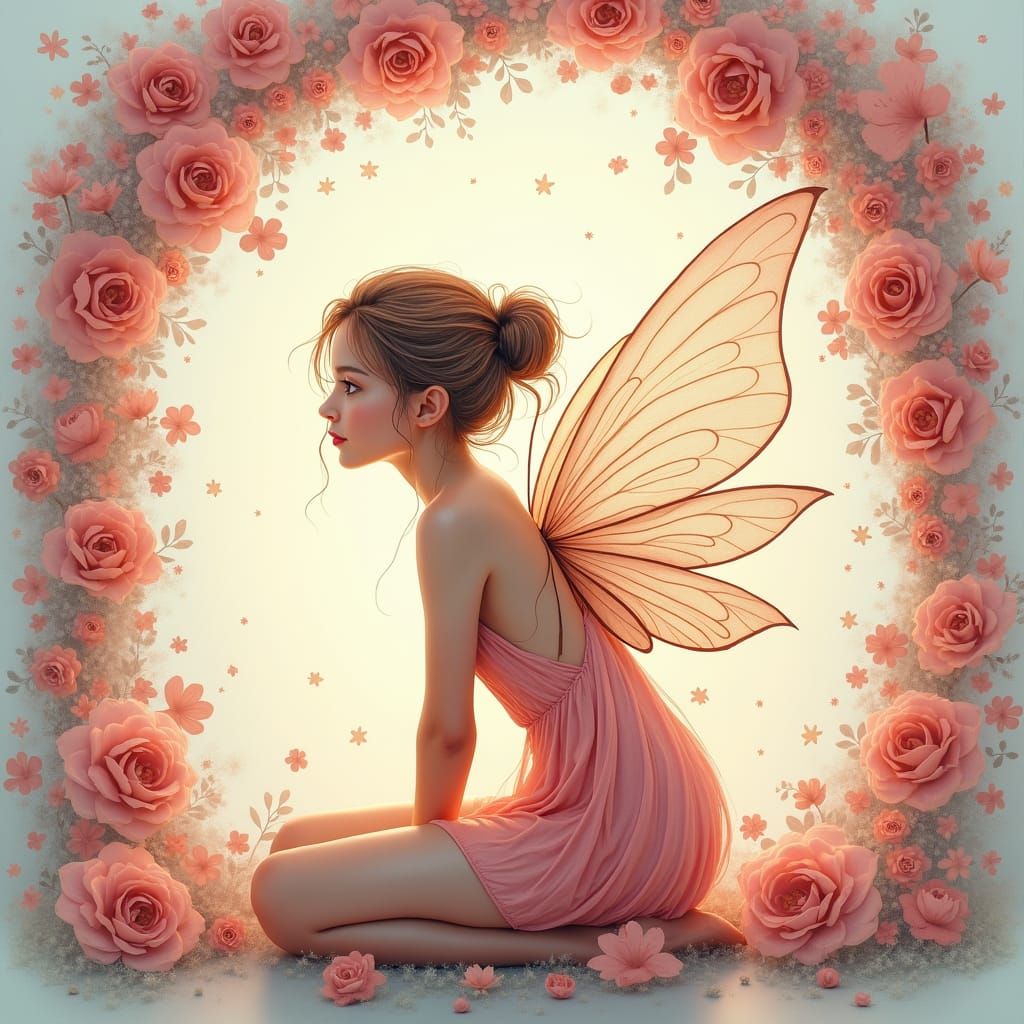 Pink Fairy in Floral Arch with Transparent Wings