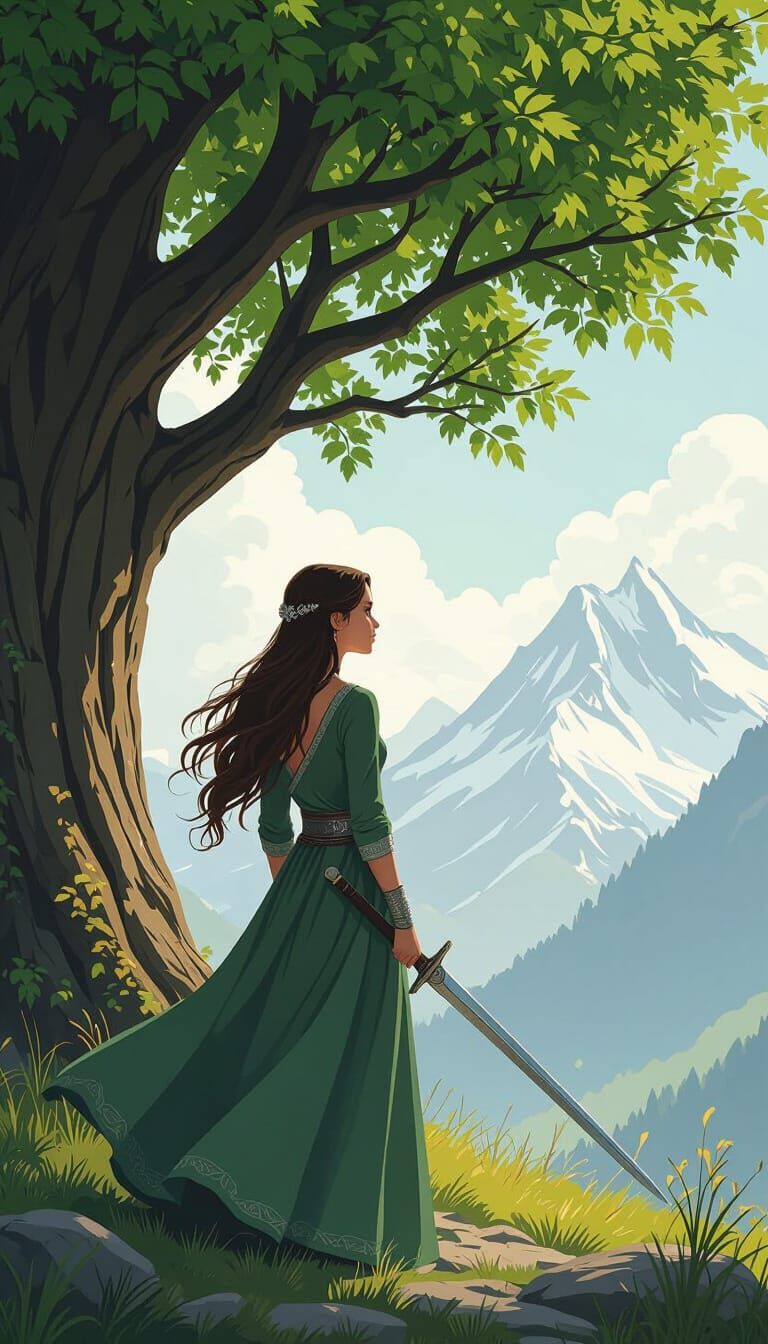 Woman with Sword in Mountain Landscape, Digital Art