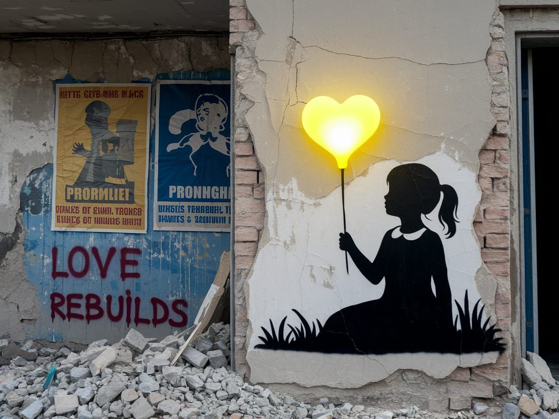 War-Torn City Girl Holds Glowing Heart Balloon
