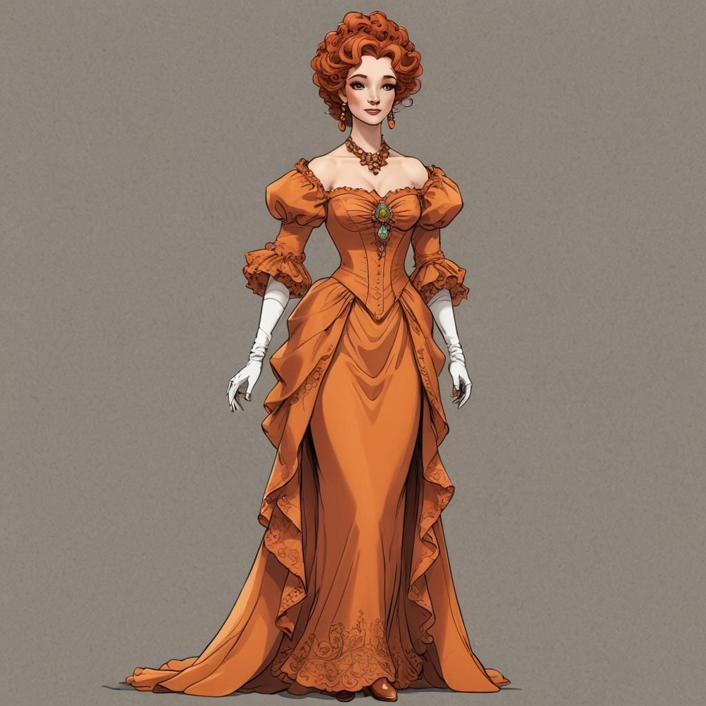 Fashion Sketch of Woman in Orange Regency Gown