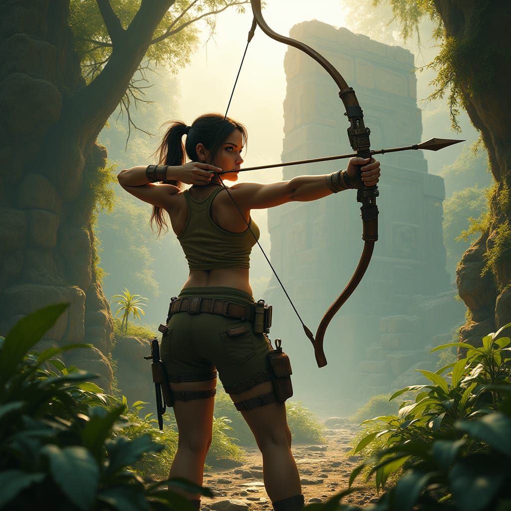 Fantasy Jungle Heroine Shoots Bow and Arrow