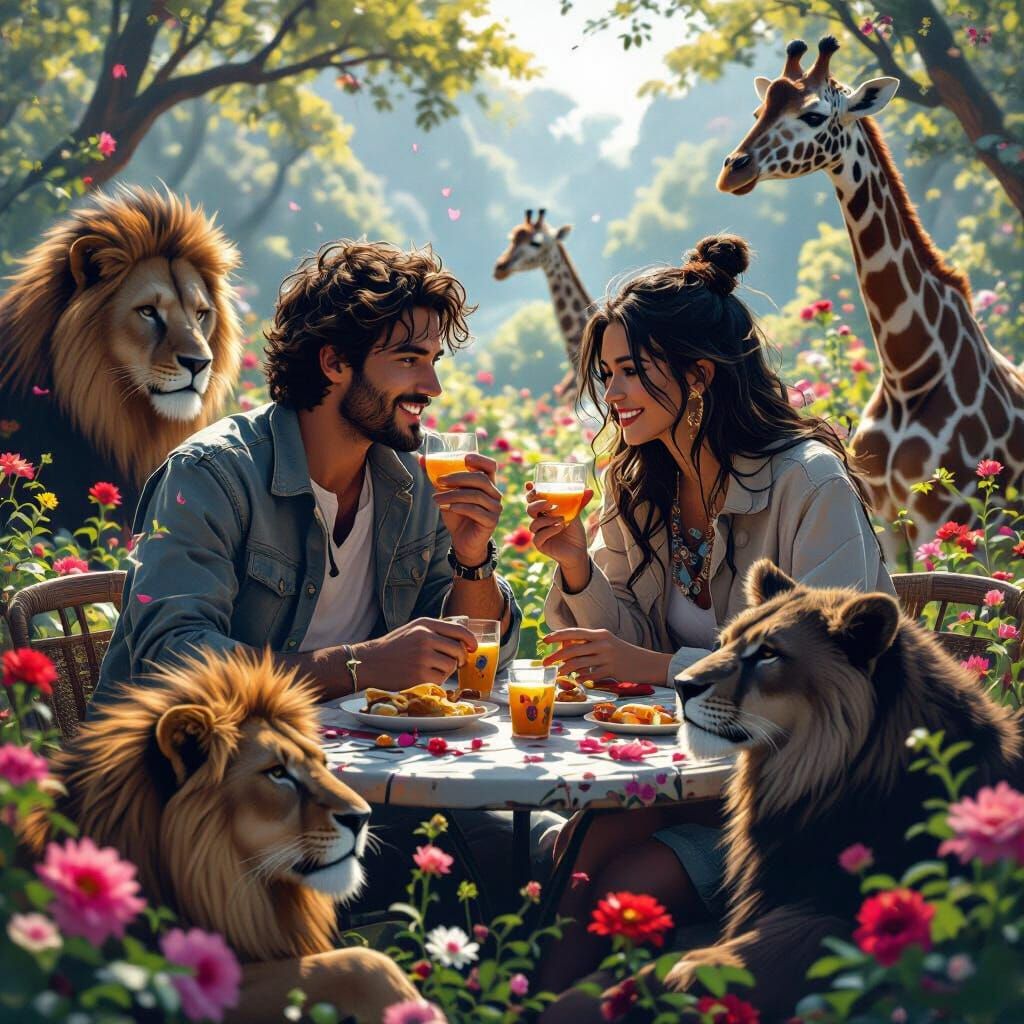 Friends Dine Al Fresco with Animals in Ornate Portrait