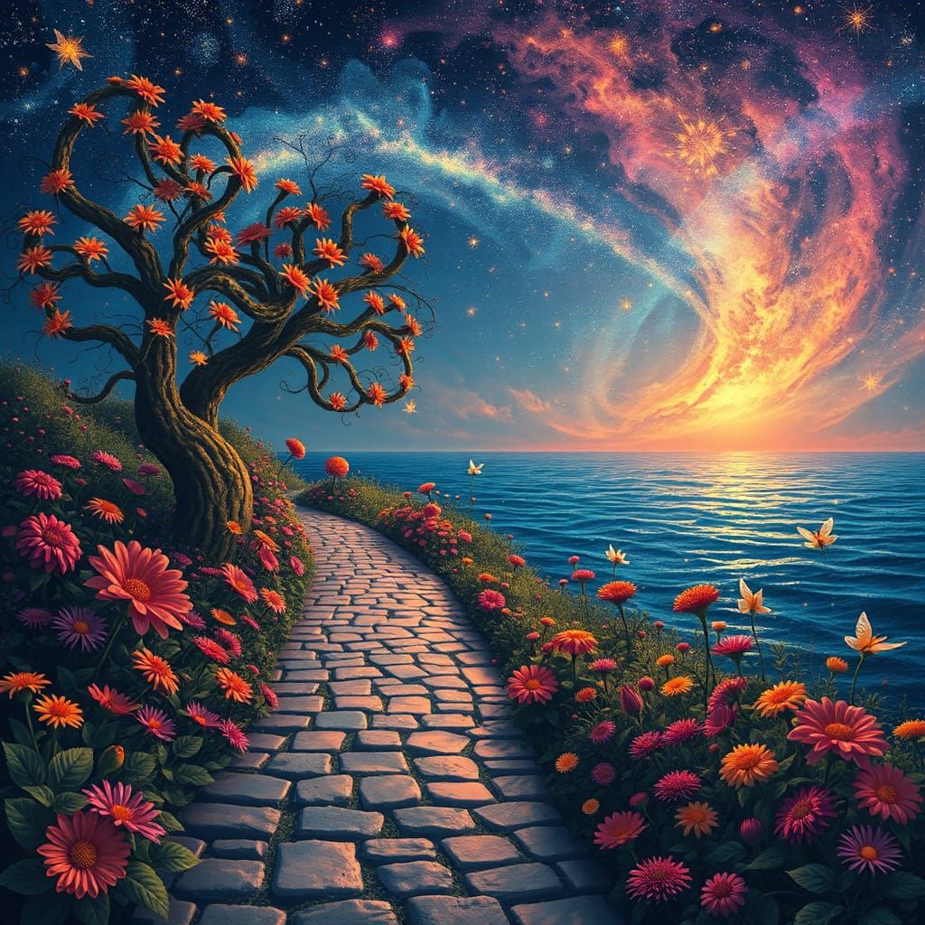 Surreal Floral Path in Cosmic Sea