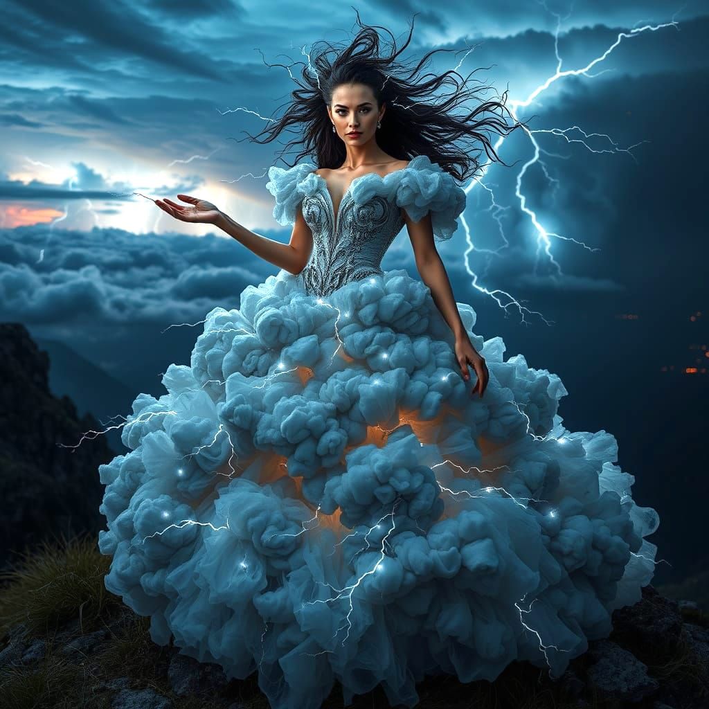 Fashion Model in Living Storm Cloud Gown with Lightning