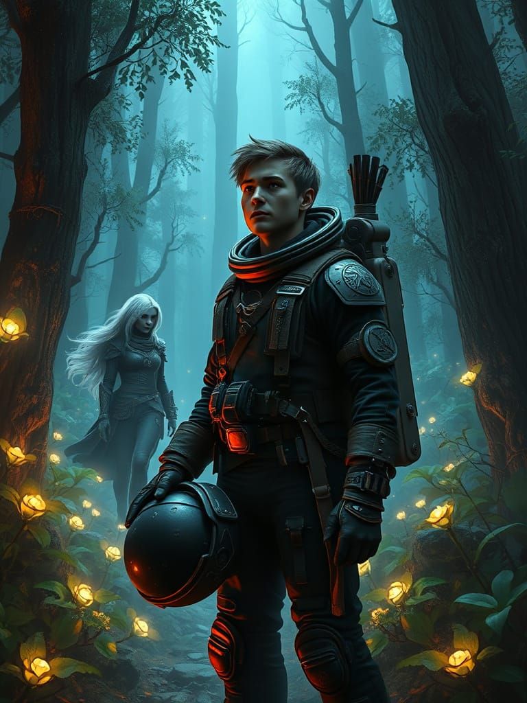 Astronaut Stands in Awe Amidst Glowing, Arcane Forest